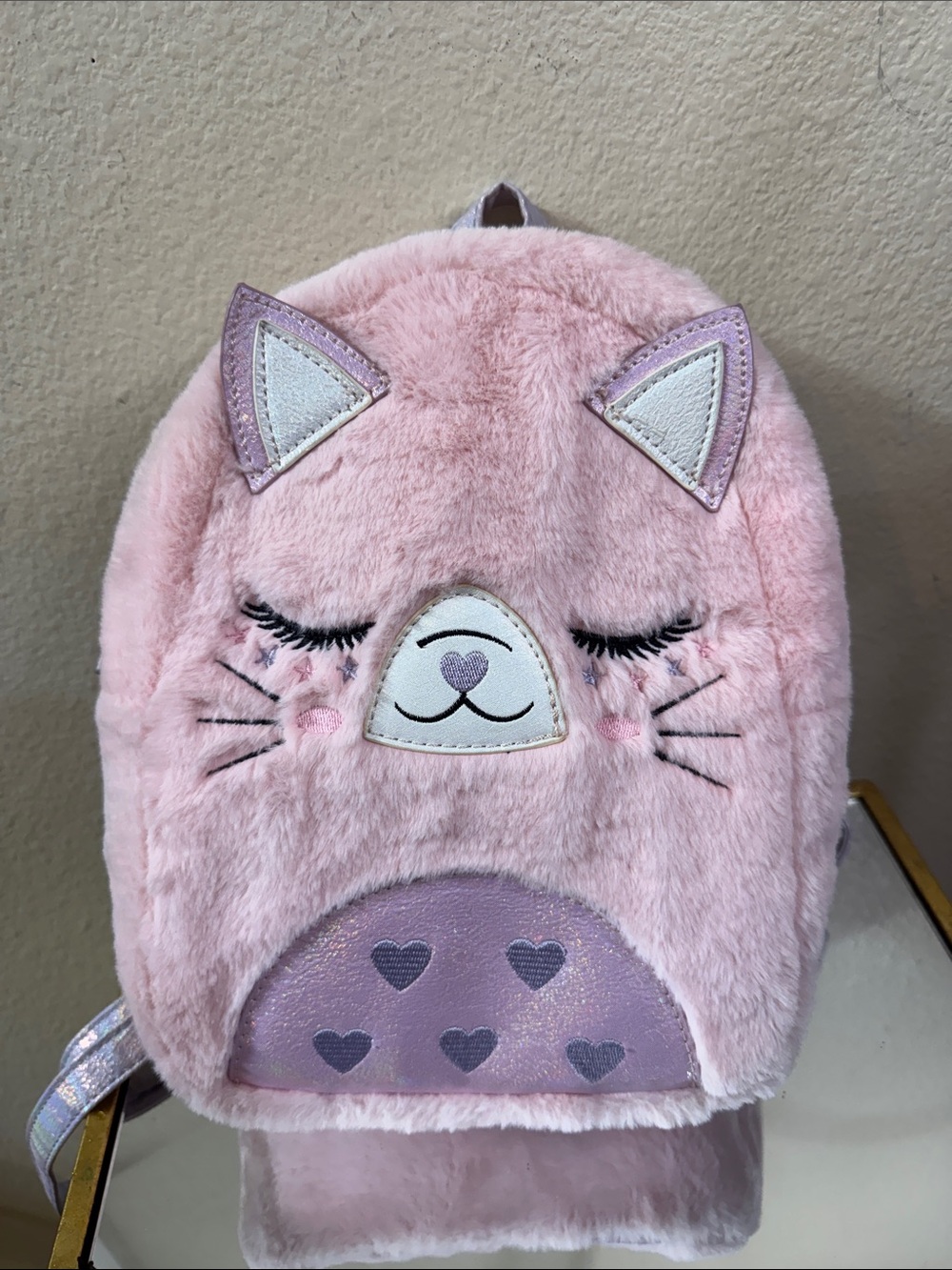 Under One Sky Pink Plush Cat Backpack with Purple Heart Accent